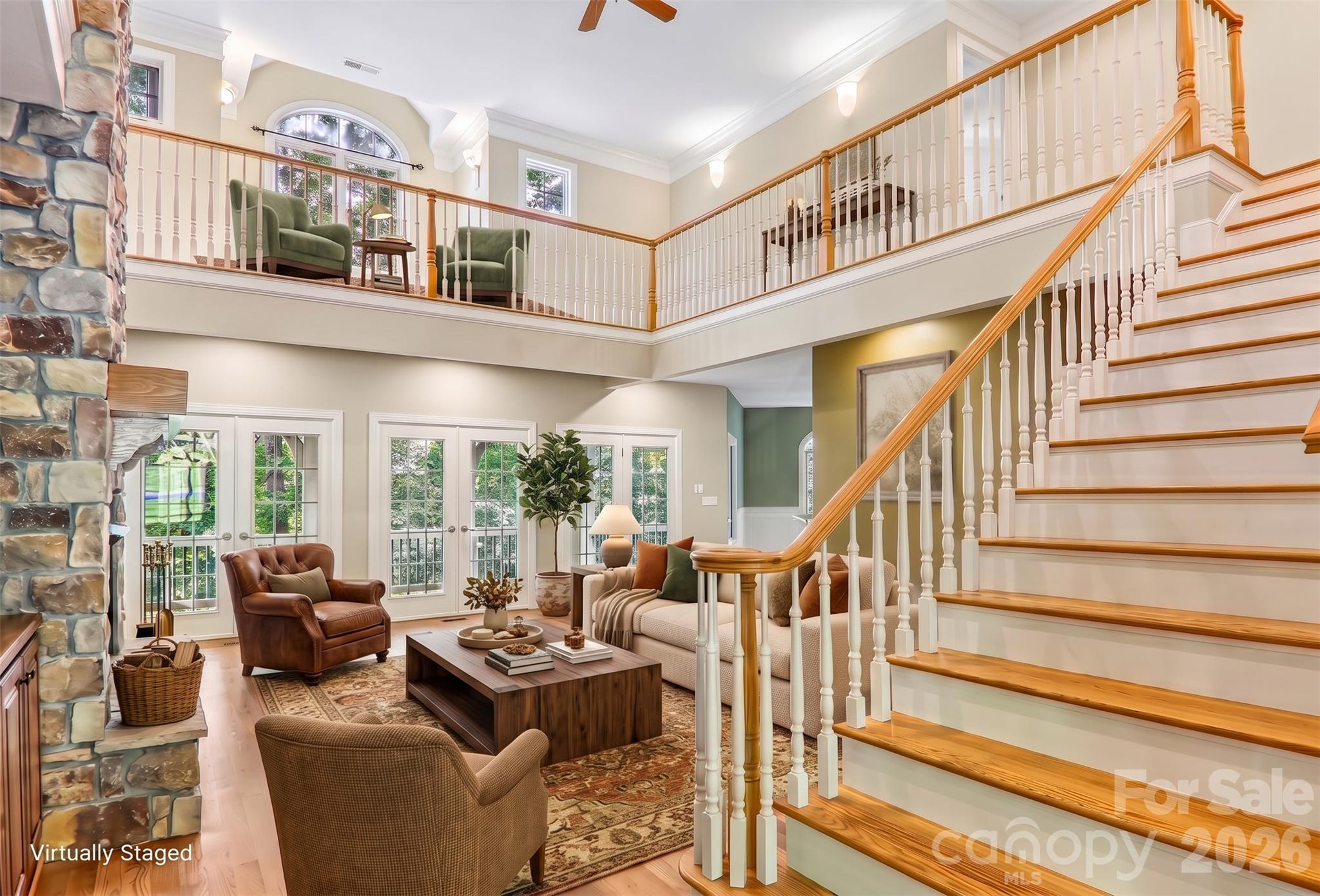 Virtually staged great room with 18ft ceilings - 361 Mills River Way, Horse Shoe