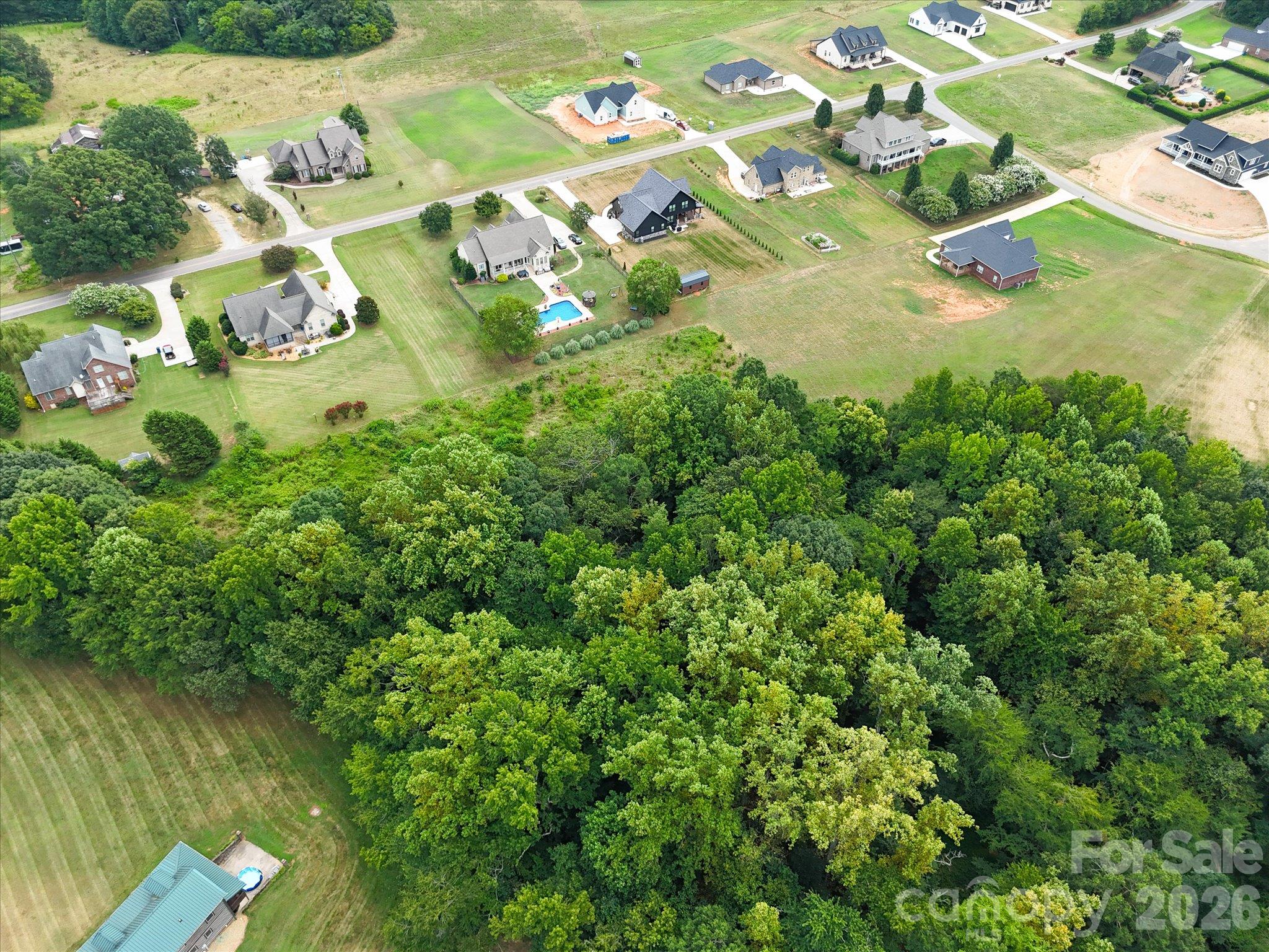Aerial view showcasing the beautifully outlined homesite with a spacious, gently sloping landscape, a combination of open green space and mature trees, and a peaceful setting surrounded by attractive custom homes. - 494 New Salem Road, Statesville