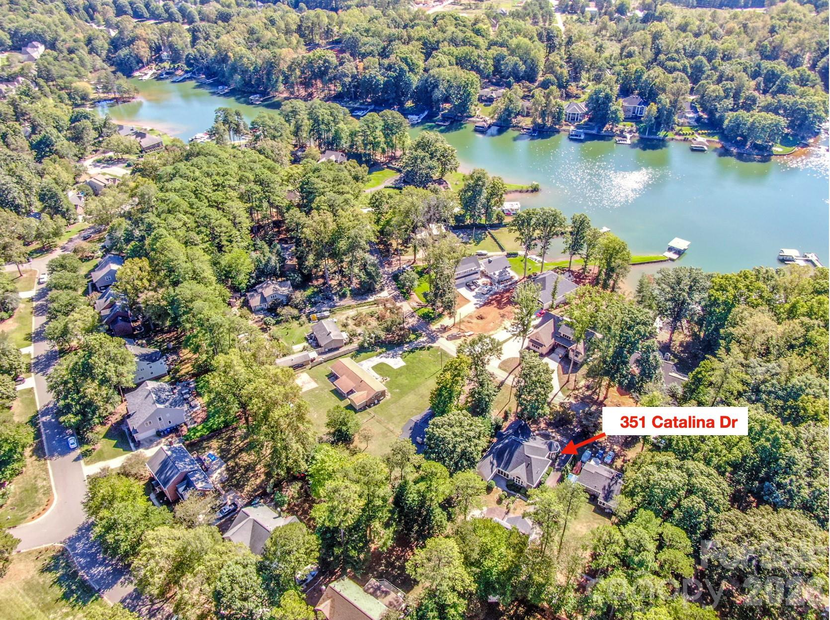 Aerial view of this home across the street from Lake Norman - 351 Catalina Drive, Mooresville