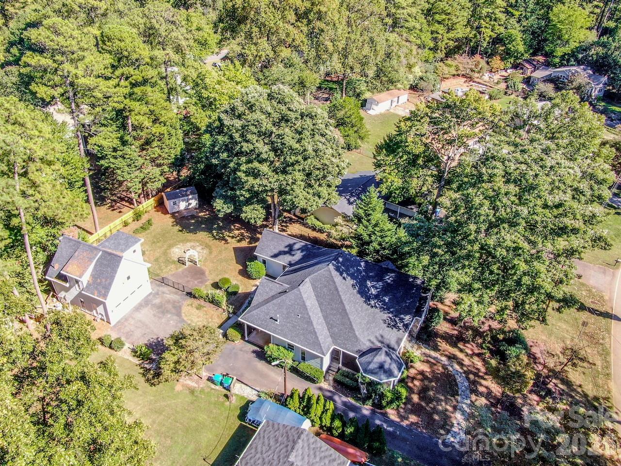 Aerial of this large lot with detached garage containing a 2nd Living quarters - 351 Catalina Drive, Mooresville