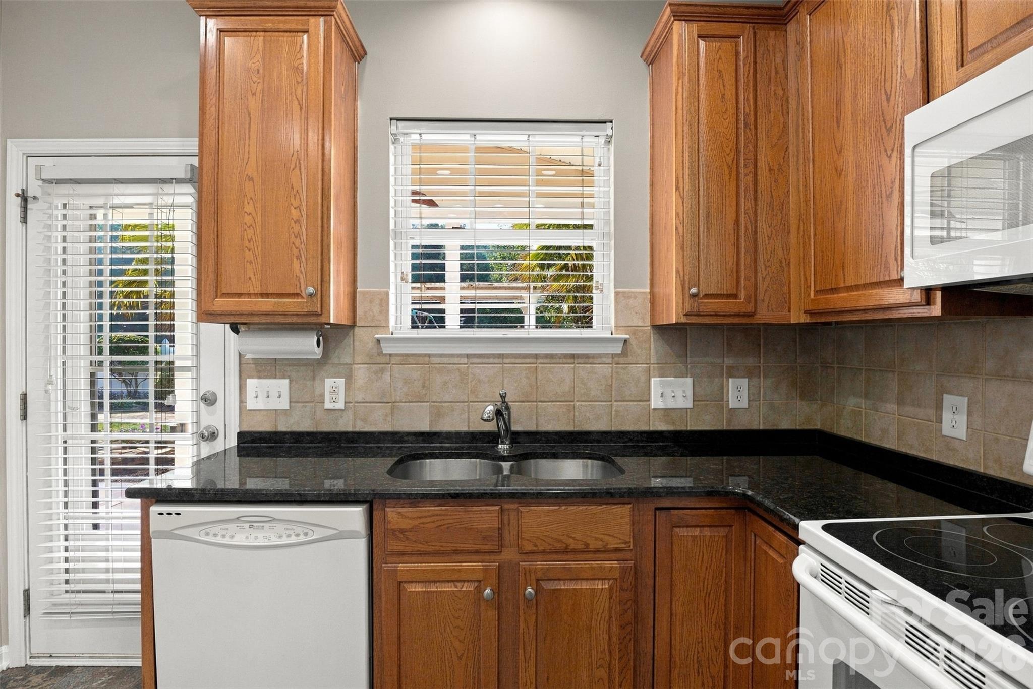 Double stainless steel sink with garbage disposal overlooking the gardens in the back yard. - 608 Goldflower Drive, Rock Hill
