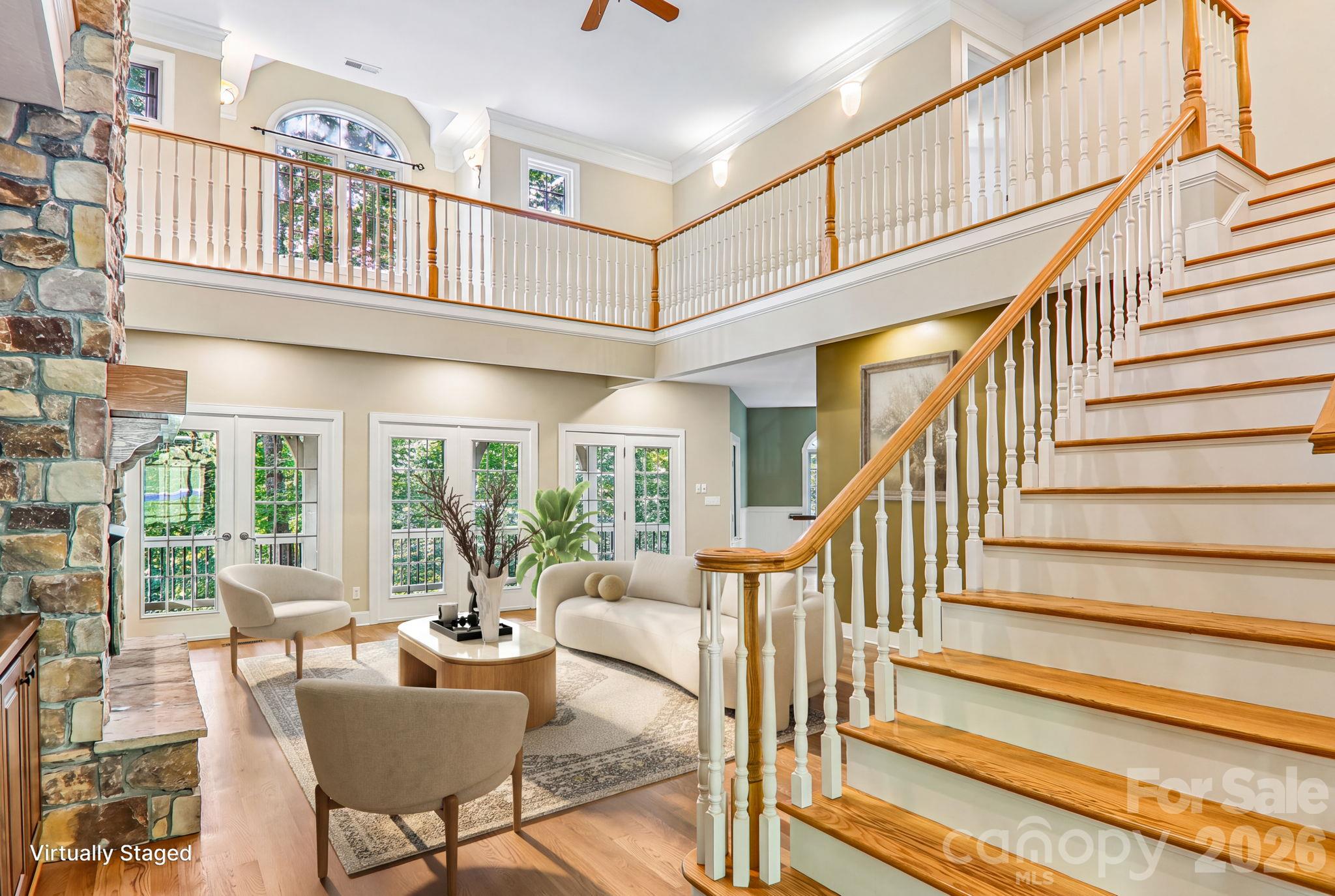 Virtually staged Great Room with 18 ft ceilings - 361 Mills River Way, Horse Shoe