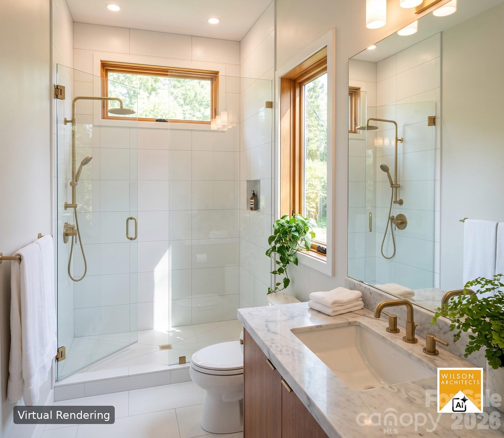 Primary main level bathroom, featuring a spa like tile bath. Virtual Rendering by Wilson Architects. - 31 Trade Street, Asheville
