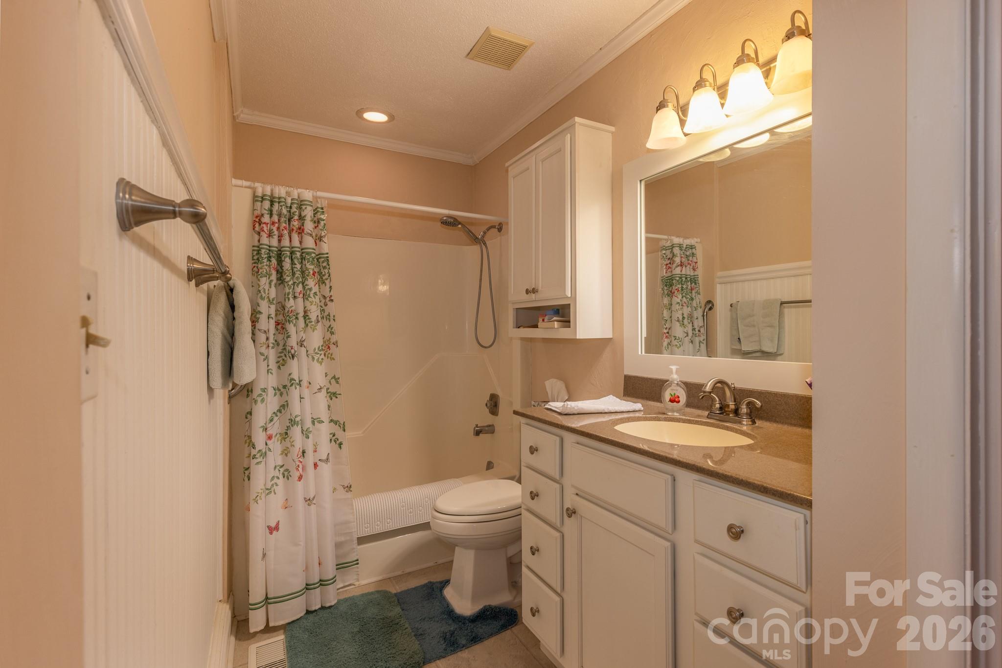 Full bathroom featuring a spacious vanity with storage, additional wall cabinetry, and tub/shower combination. - 524 Three Mile Knob Road, Pisgah Forest