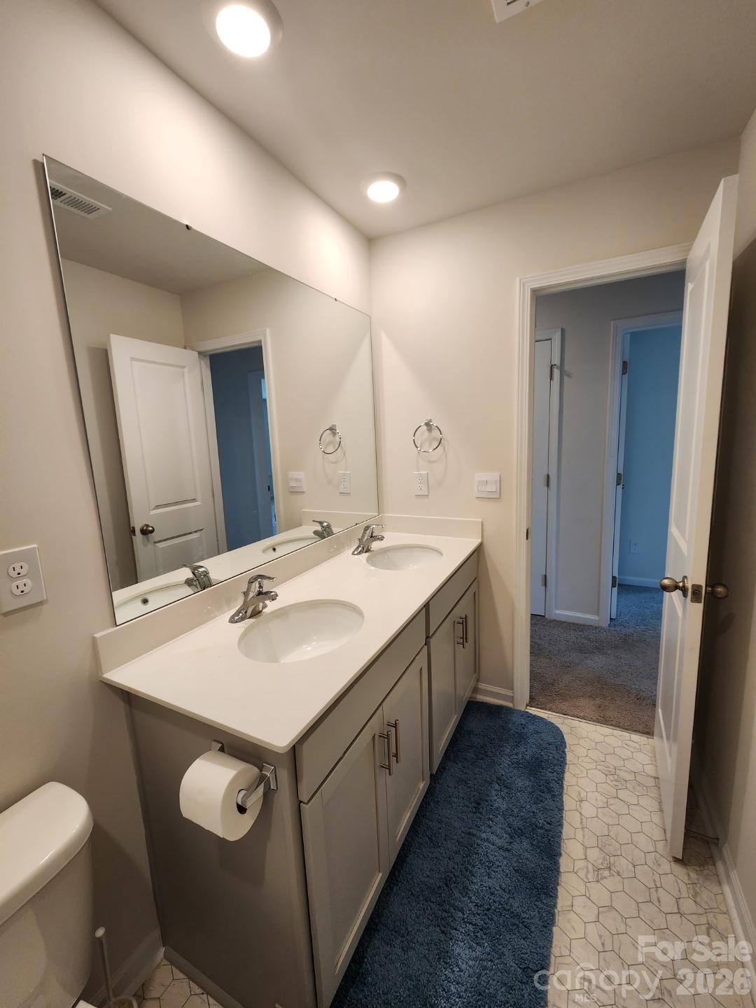 Hall bath features dual vanities. - 3741 Stanley Creek Drive, Mount Holly