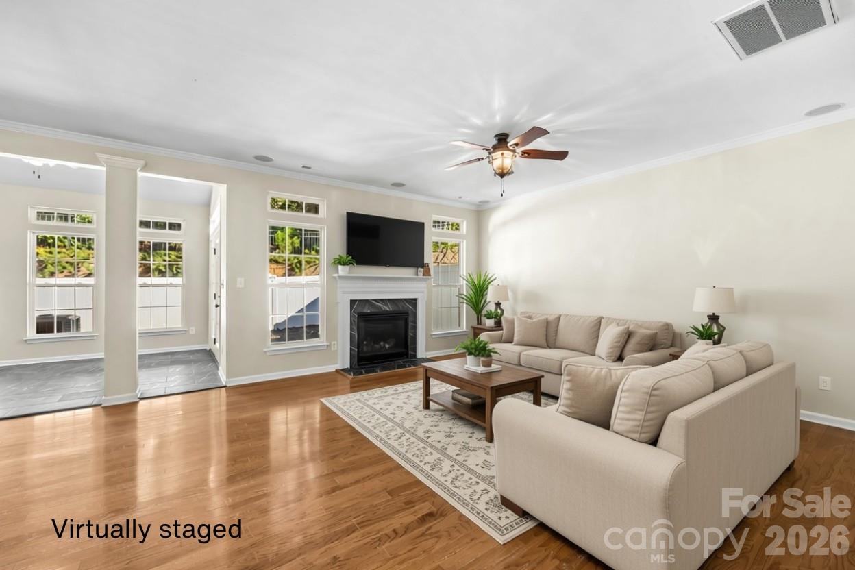 Virtually staged family room - 156 N Arcadian Way, Mooresville