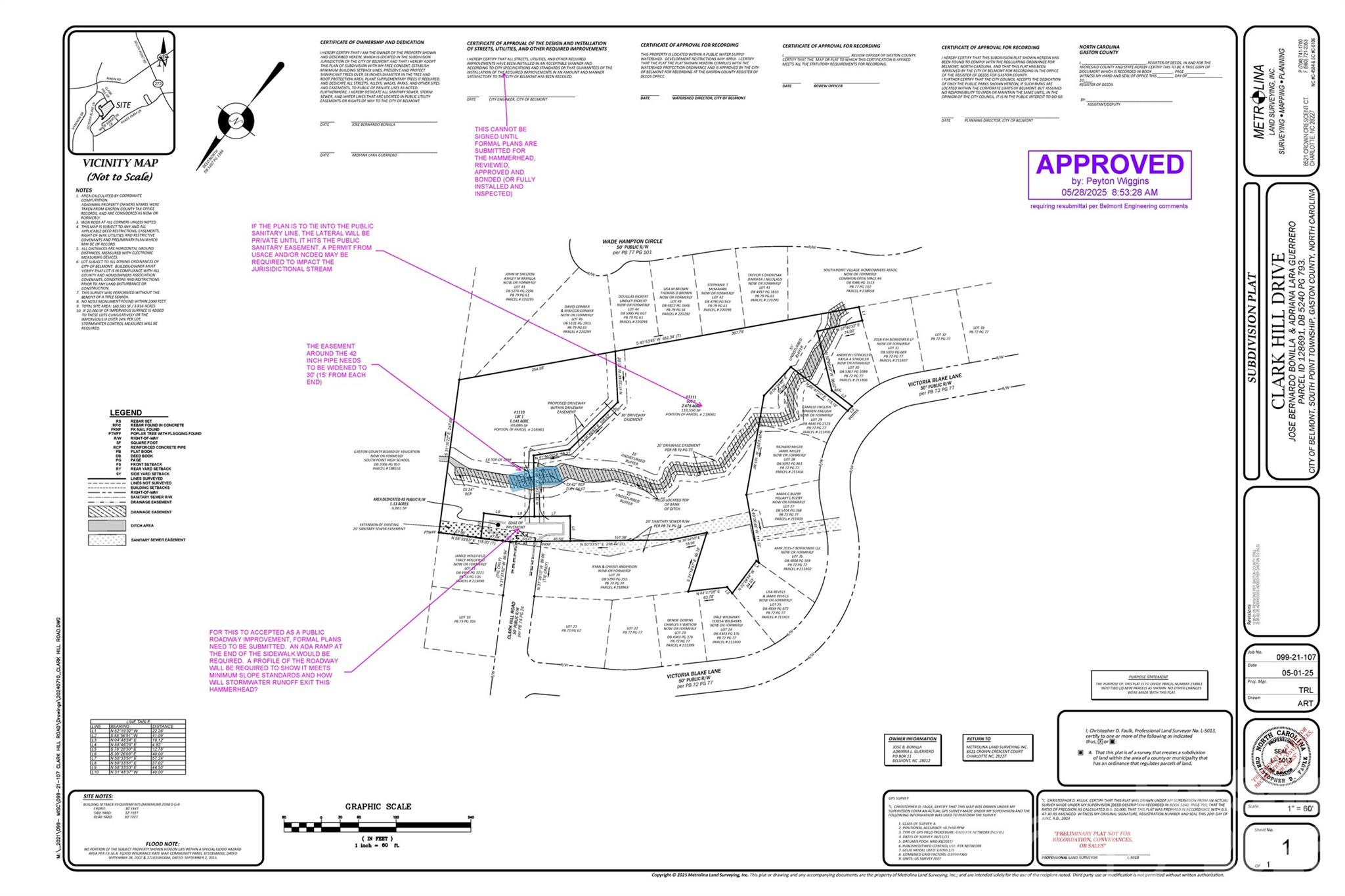 Survey with recent notes from the City of Belmont regarding the division of the parcel into 2 lots. - 1110 Clark Hill Drive, Belmont