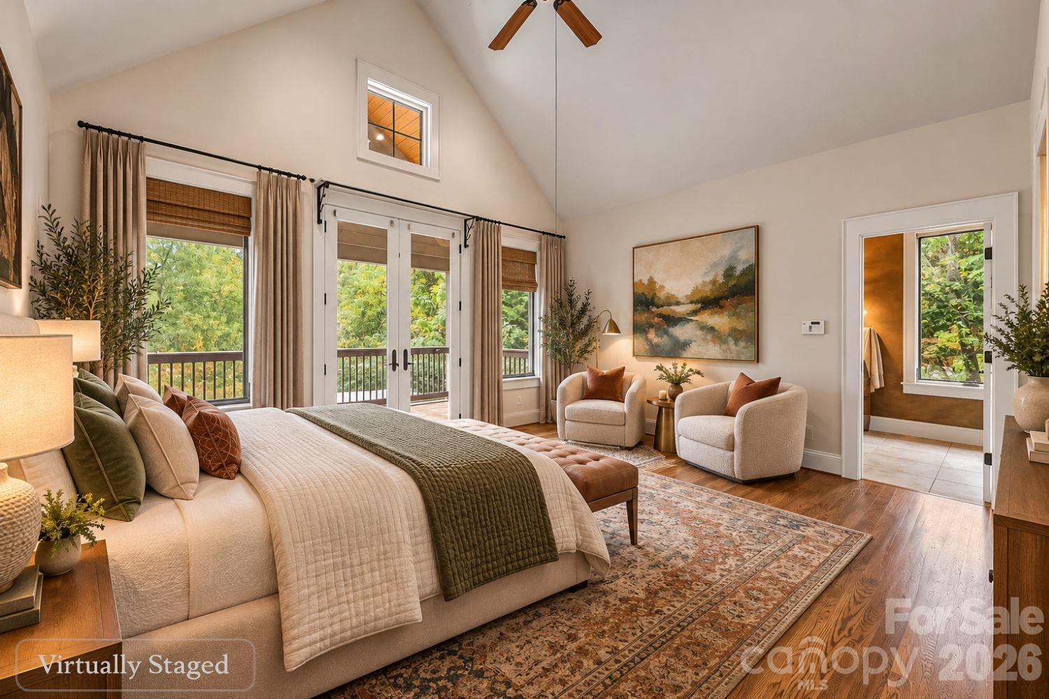 72-B Oteen Church Rd (Main House): Primary bedroom suite with walk-in closet and access to deck overlooking pool - 68, 72, 82, and 84 Oteen Church Road, Asheville