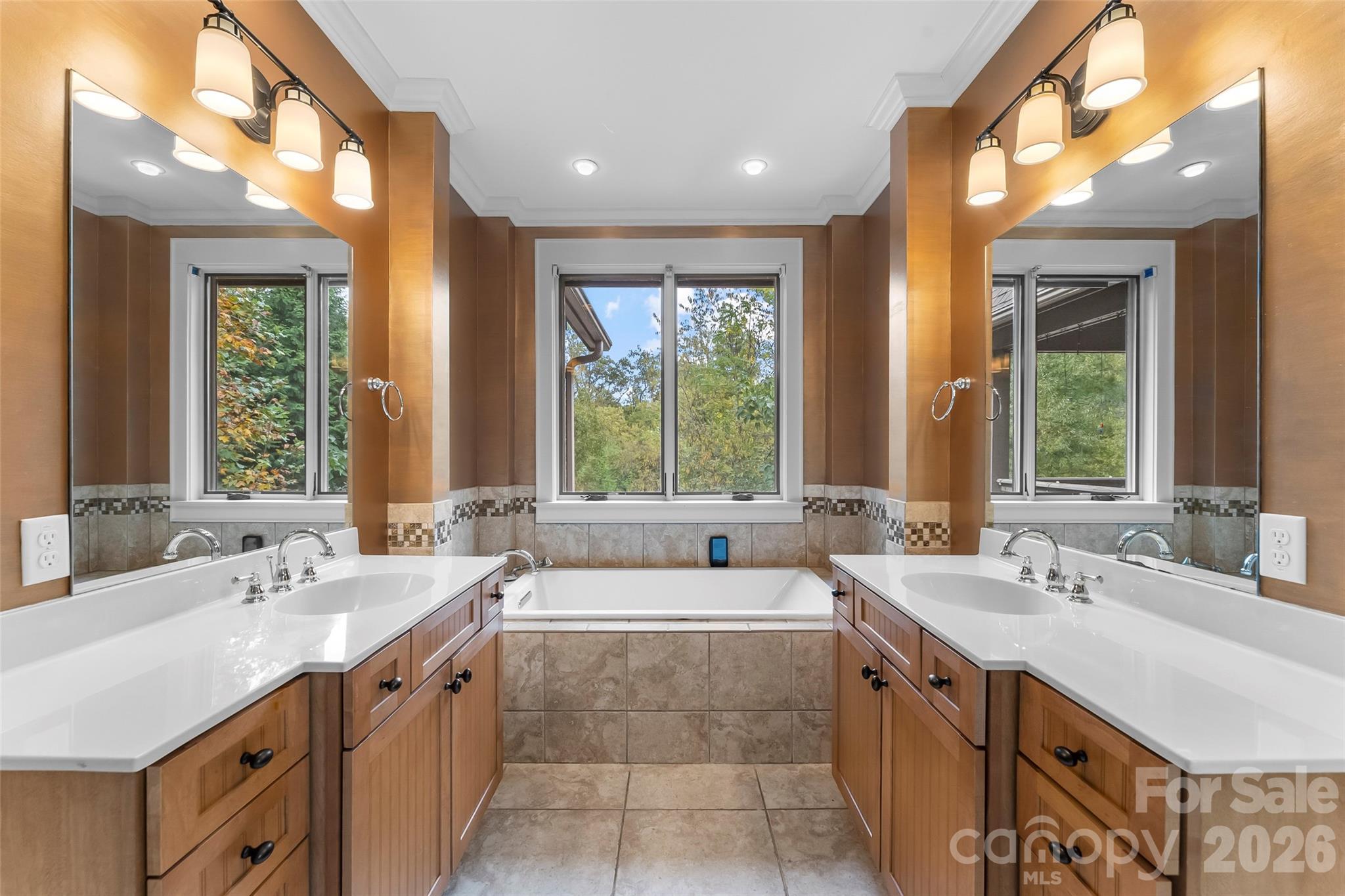 72-B Oteen Church Rd (Main House): Primary bathroom with dual vanity and soaking tub - 68, 72, 82, and 84 Oteen Church Road, Asheville