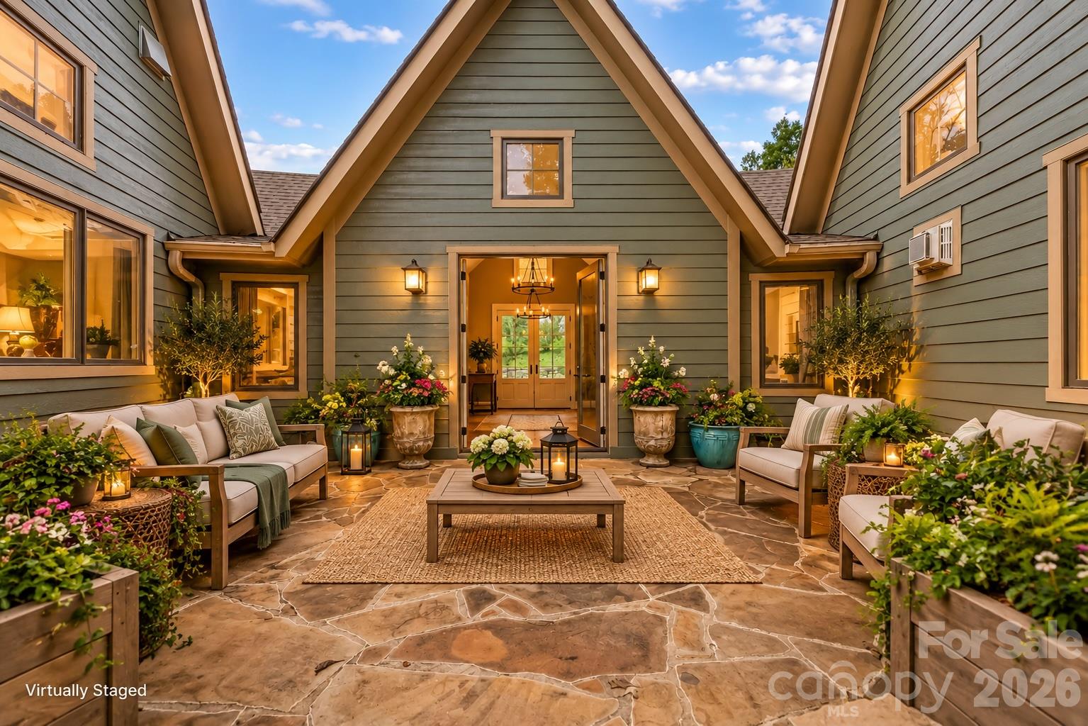 72 Oteen Church Rd (Main House): Central mountain-facing back patio with stone steps leading to the pool - 68, 72, 82, and 84 Oteen Church Road, Asheville
