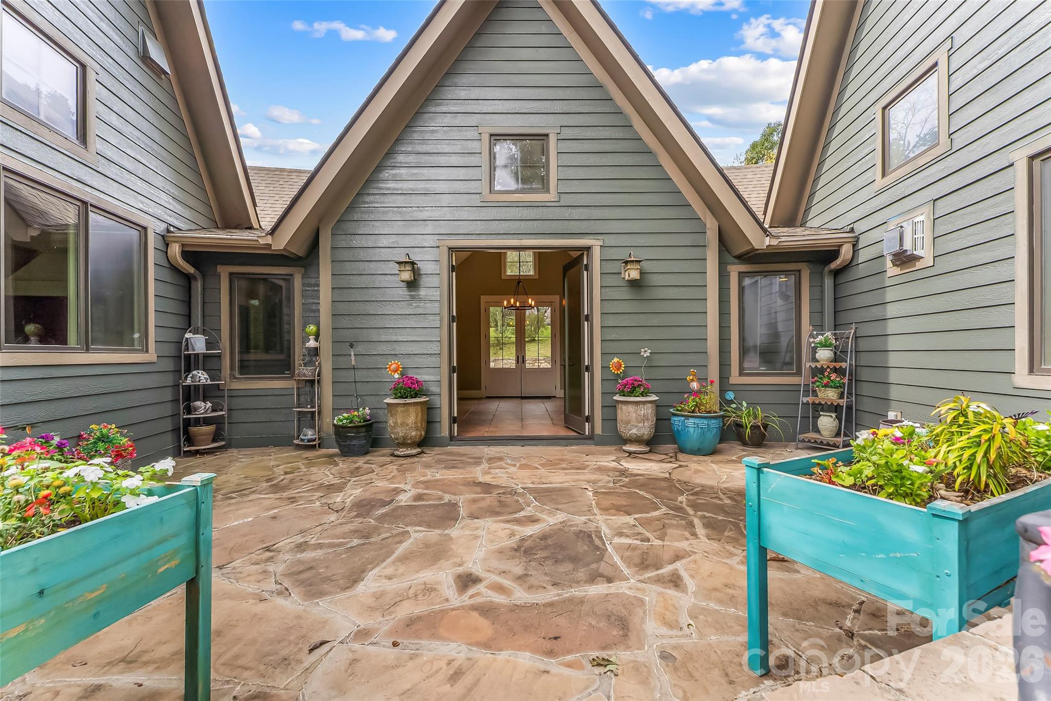 72 Oteen Church Rd (Main House): Central mountain-facing back patio with stone steps leading to the pool - 68, 72, 82, and 84 Oteen Church Road, Asheville