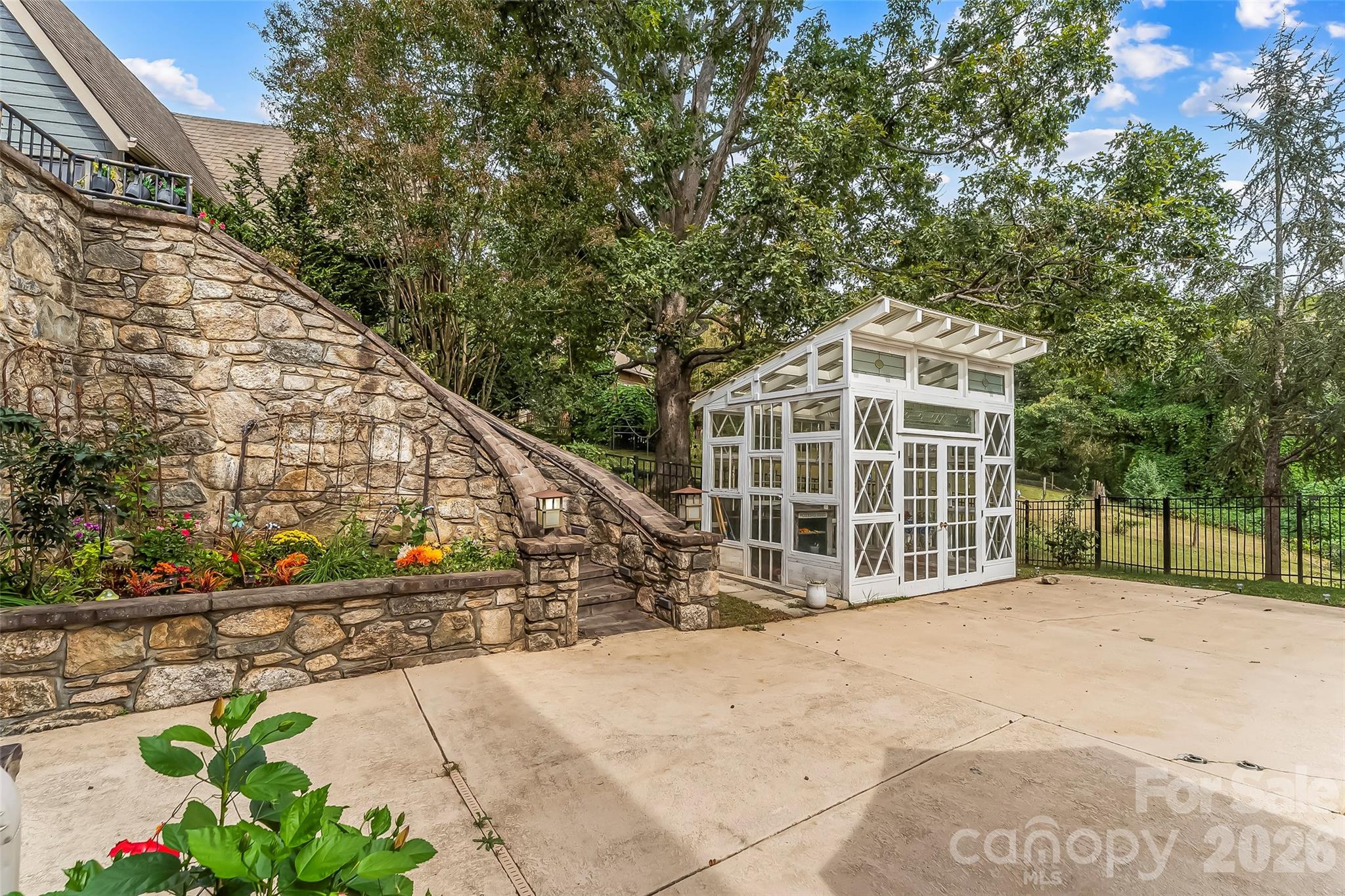 72 Oteen Church Rd (Main House): The sweetest greenhouse you'll ever see! Stone steps lead up to the gathering room. - 68, 72, 82, and 84 Oteen Church Road, Asheville