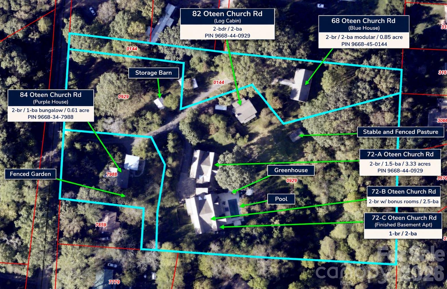 Map of Property (3 parcels, 4 houses) - 68, 72, 82, and 84 Oteen Church Road, Asheville