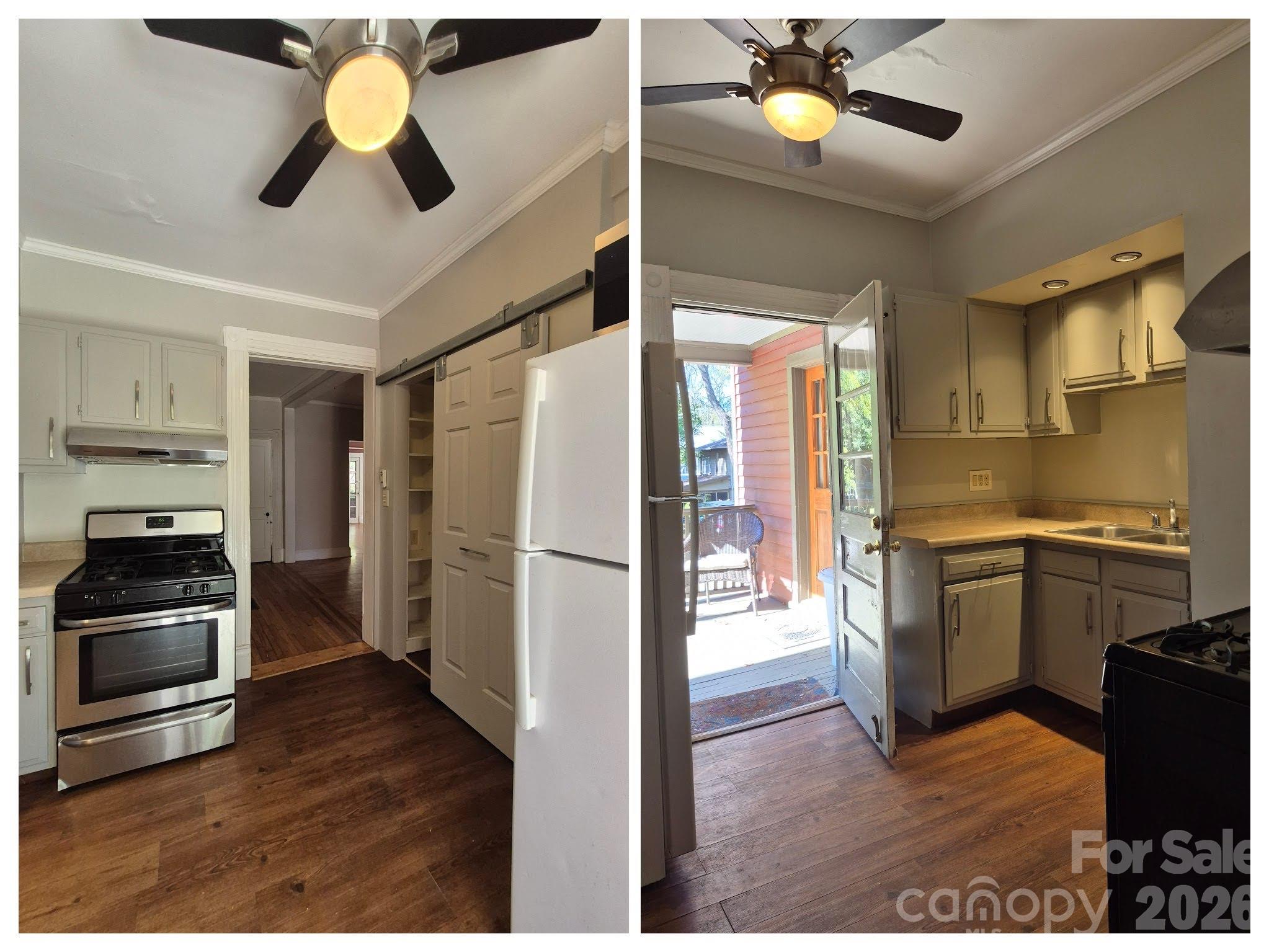 Apt 2 - Kitchen 2026. Open door to back porch. - 41 Panola Street, Asheville