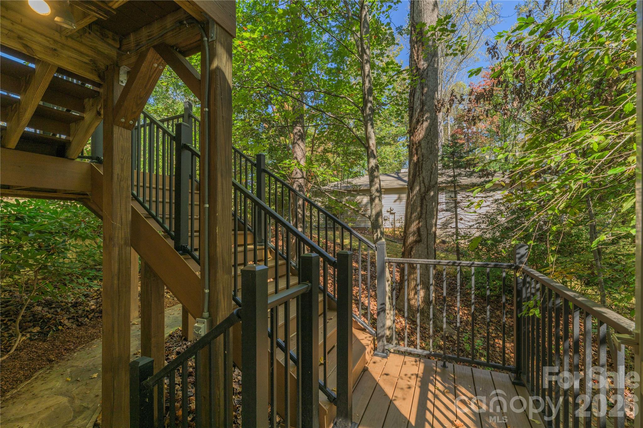 Newer stairway from upstairs to the back area. - 6 Eagles Nest Lane, Asheville