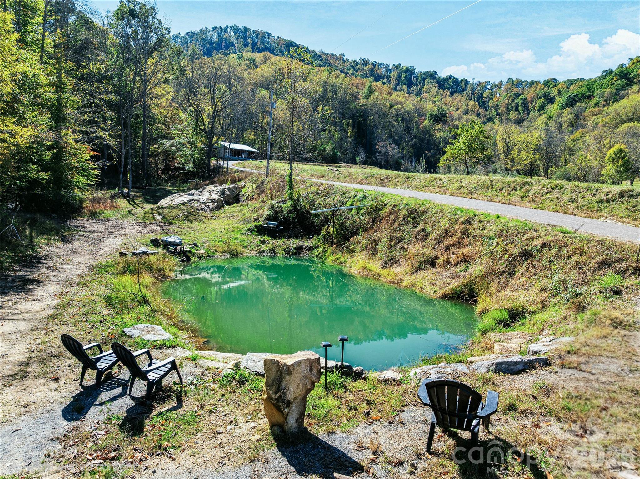 Pond is stocked with fish and a natural stone tub is being created in the distance - 41 Lovin Road, Weaverville