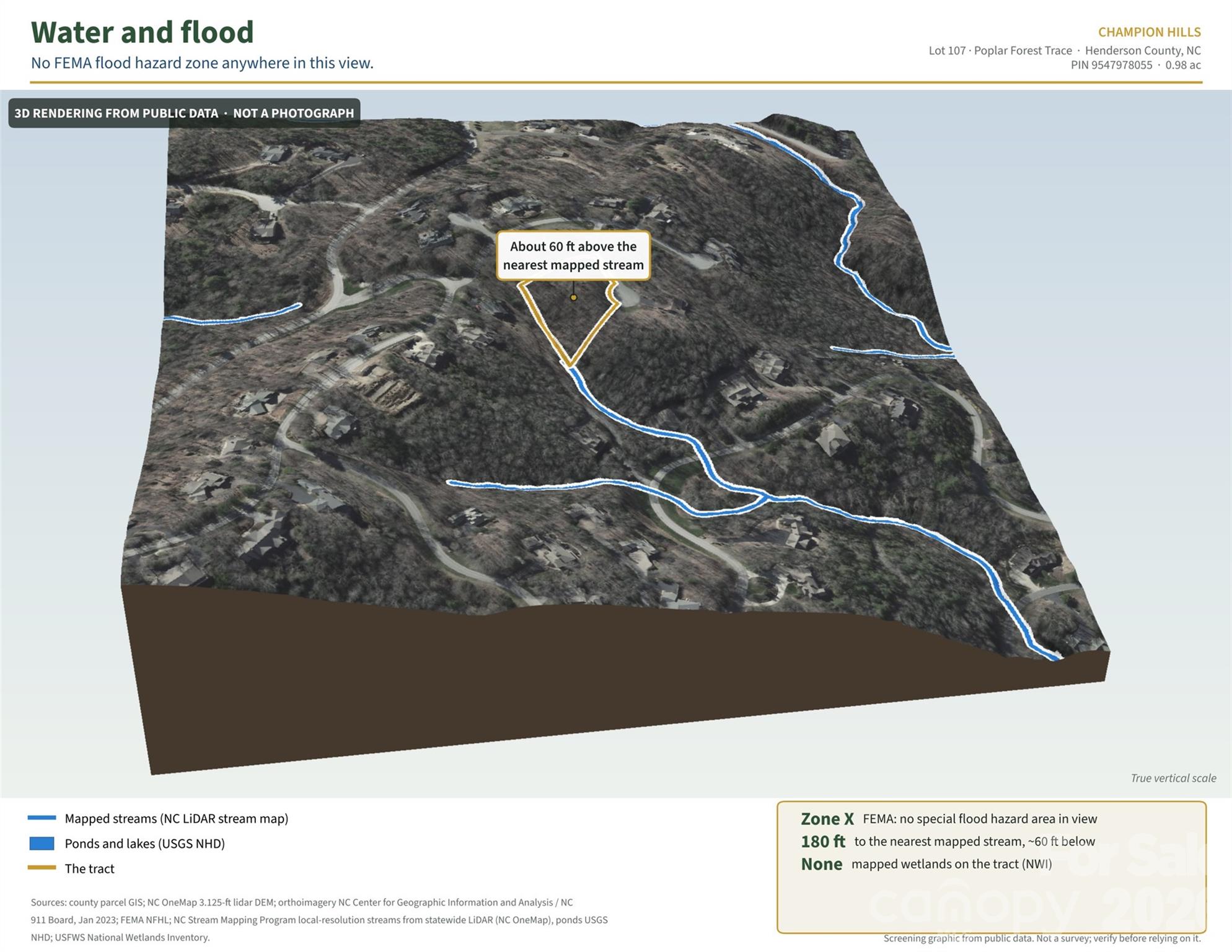 3D rendering: mapped streams and FEMA flood zones (Zone X, none in view). - 99999 Poplar Forest Trace, Hendersonville