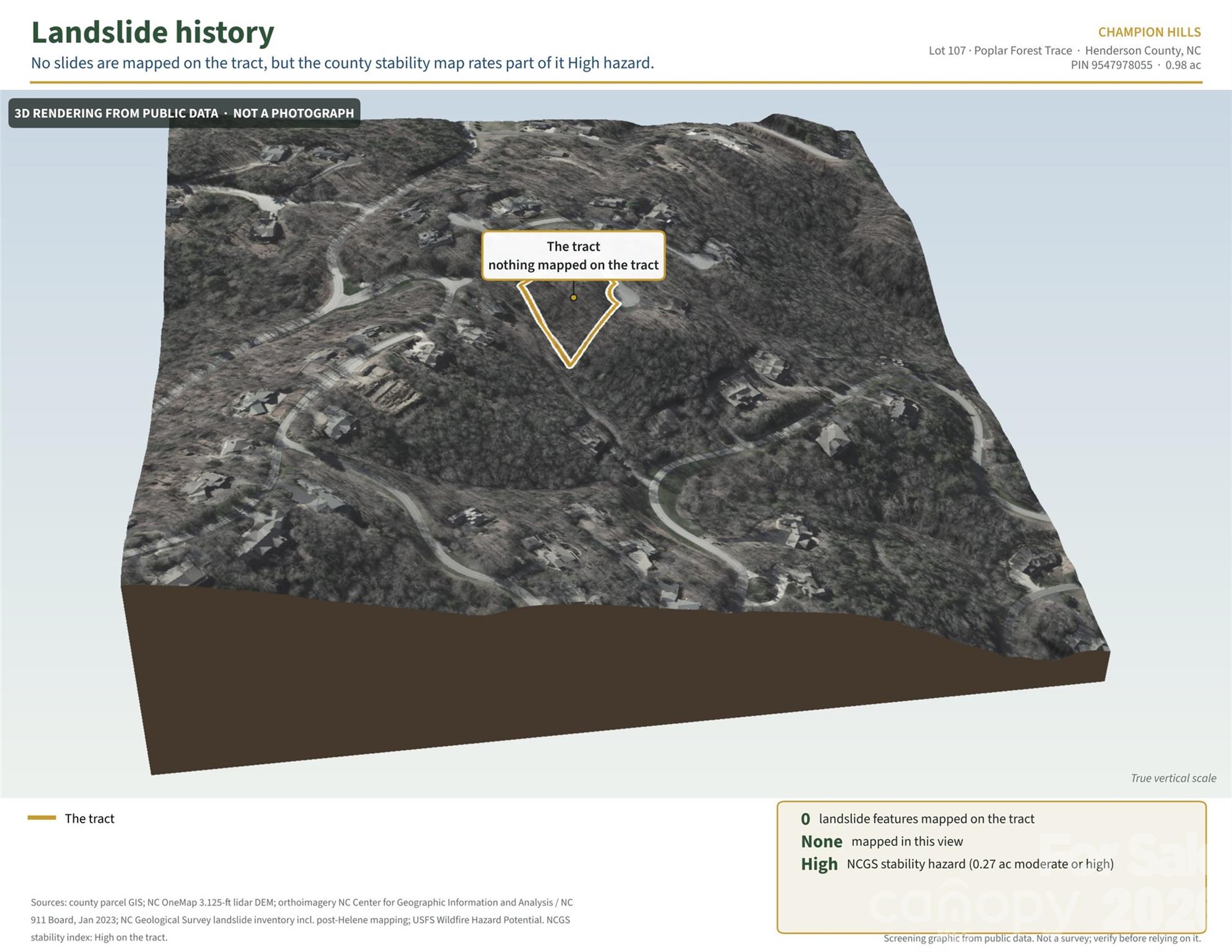 3D rendering: NCGS landslide inventory, none mapped on the lot. - 99999 Poplar Forest Trace, Hendersonville