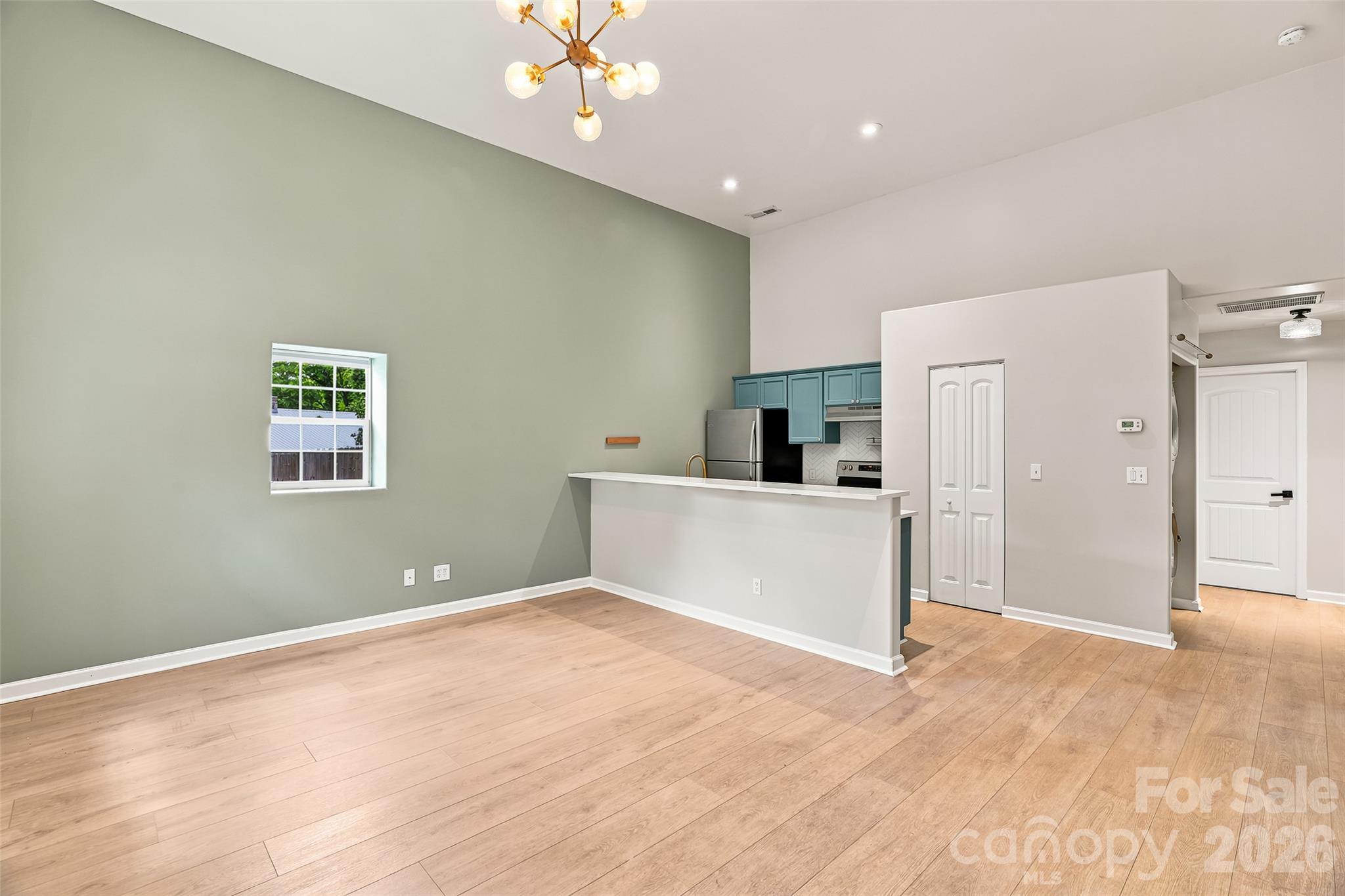 Left Side - open living space and updated kitchen. To the right is the hallway laundry, bathroom and bedroom doors. - 160 State Street, Asheville