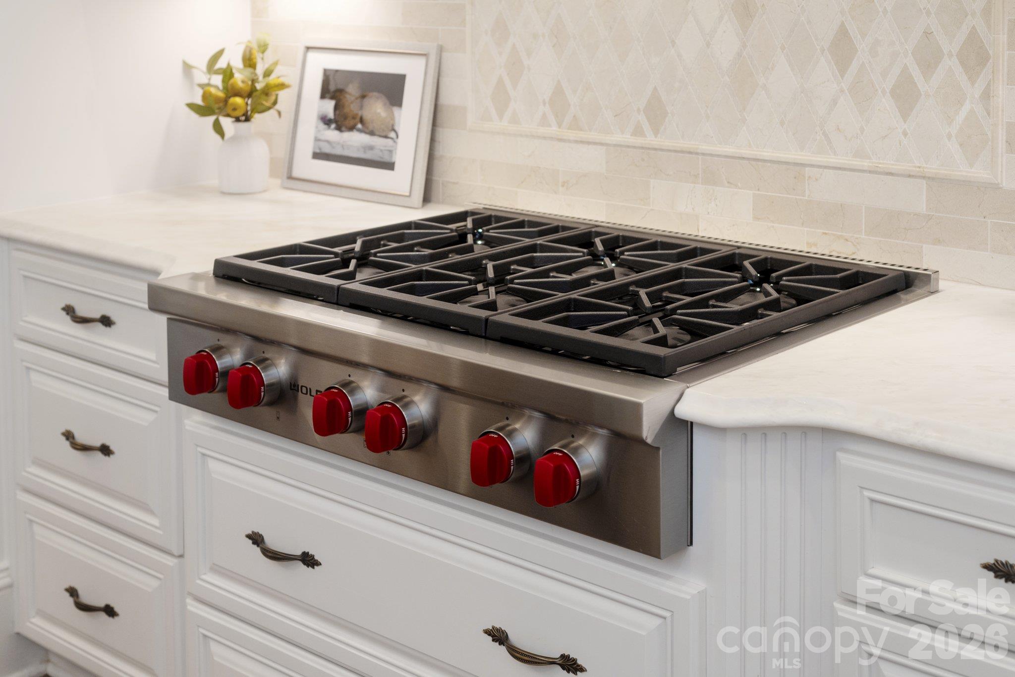 6-Burner Wolf cooktop and range hood. - 7805 Clovervale Drive, Waxhaw