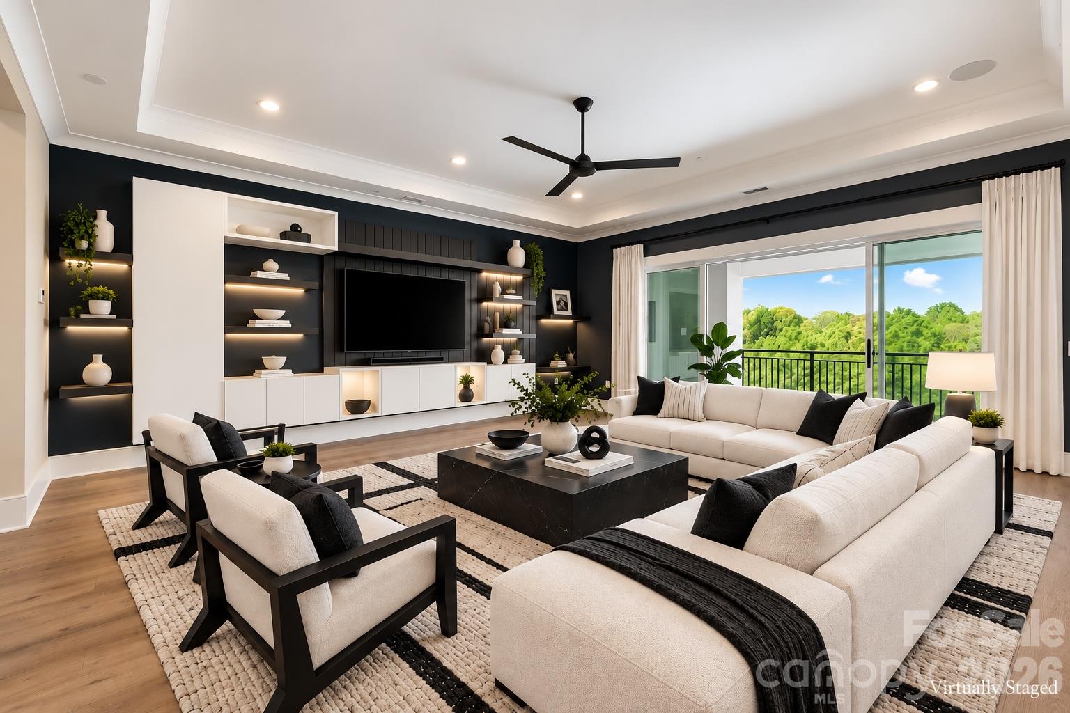 Virtually staged contemporary black and white furniture - 19329 Watermark Drive, Cornelius