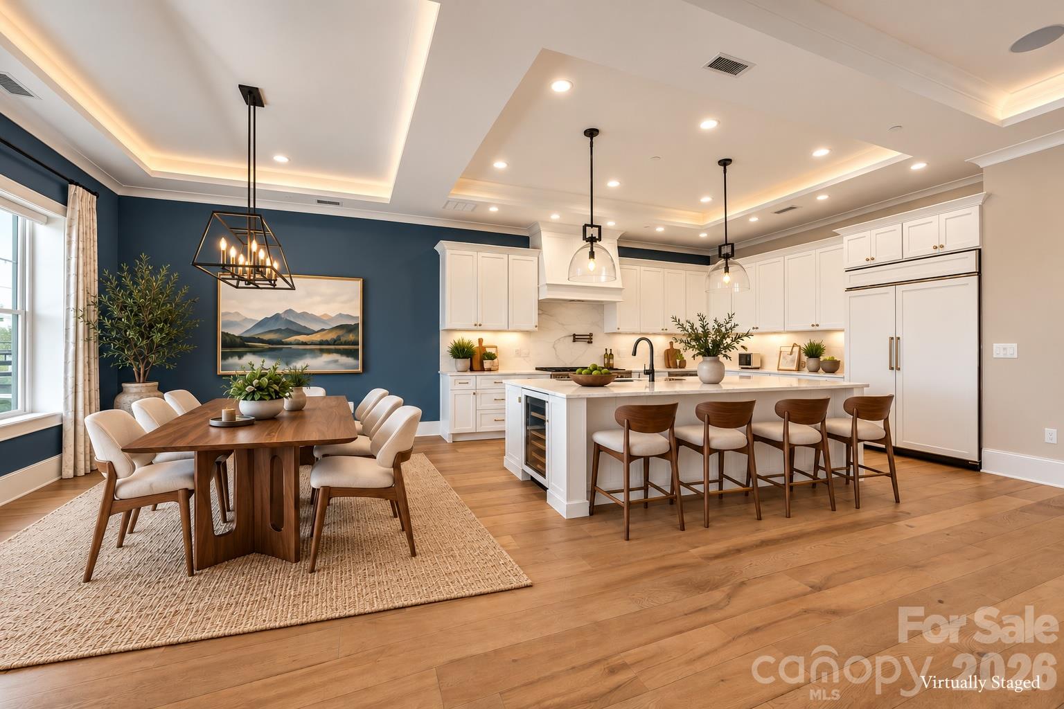 Virtually staged midcentury modern dining and and kitchen - 19329 Watermark Drive, Cornelius