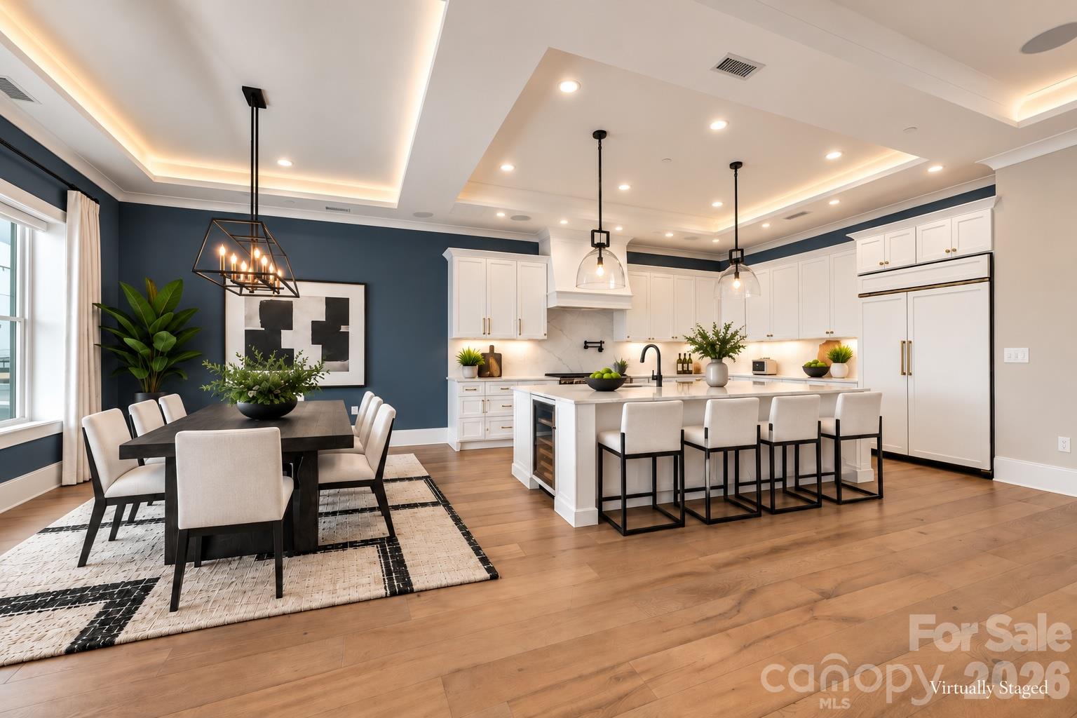 Virtually staged contemporary dining and kitchen - 19329 Watermark Drive, Cornelius