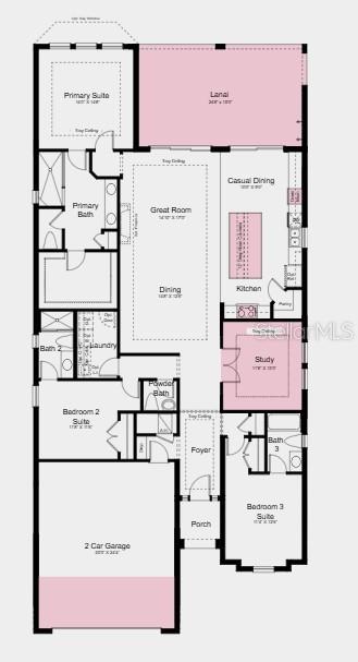 Floor Plan ~ Additional Highlights Include: Gourmet kitchen, waterfall edge counter at kitchen island, pendant light package at kitchen, 10' ceilings, tray ceiling package, 4' garage extension, 8' interior doors, interior door at primary closet to laundry, outdoor kitchen rough-in, whole house impact windows, and personalized pool - 7633 MOONBEAM AVE, SARASOTA