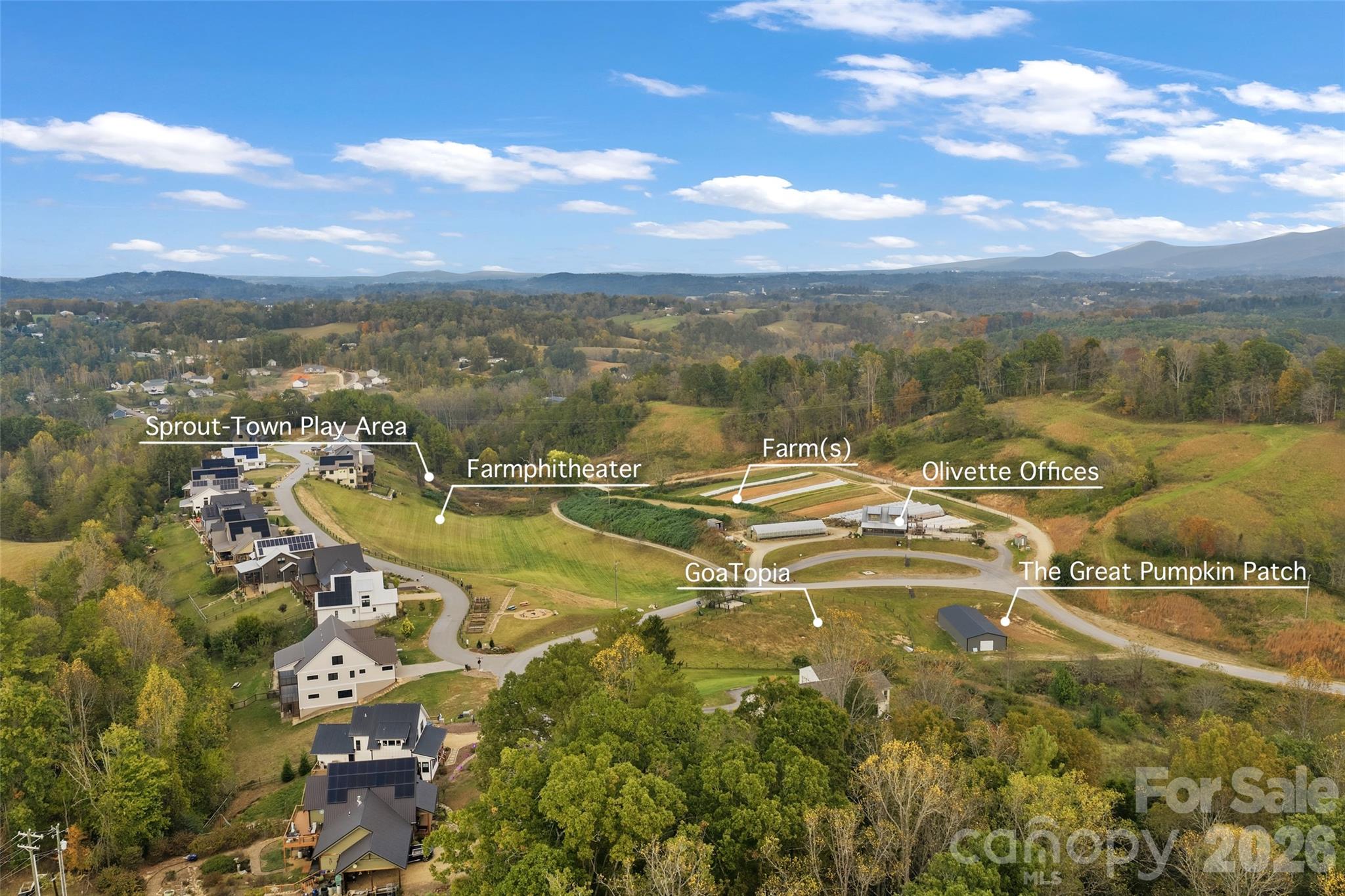 Aerial of some of the community amenities and Farm - 15 French Broad River Way, Asheville