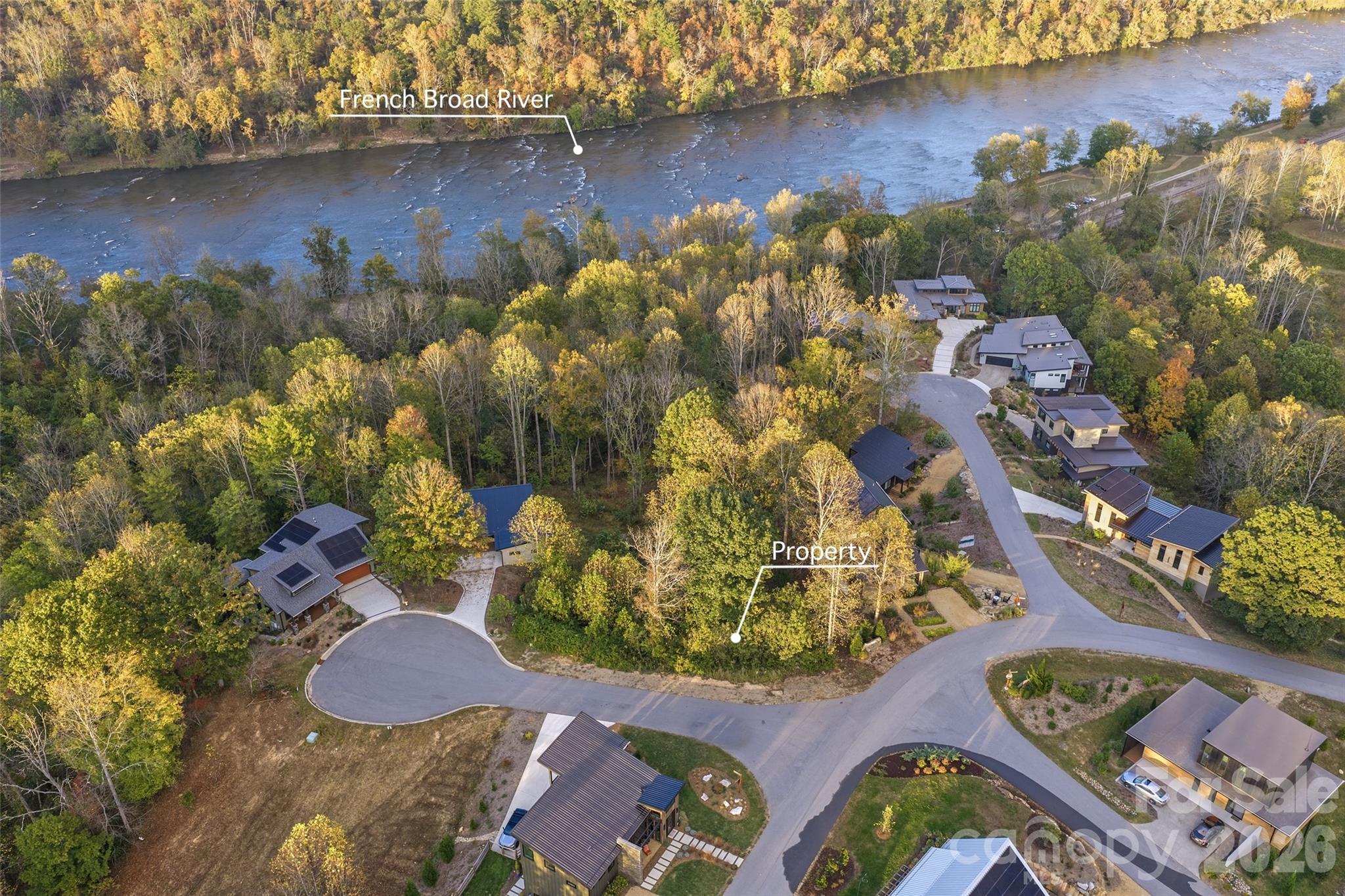 Aerial showing property and the French Broad River - 35 Olivette Crossing Parkway, Asheville