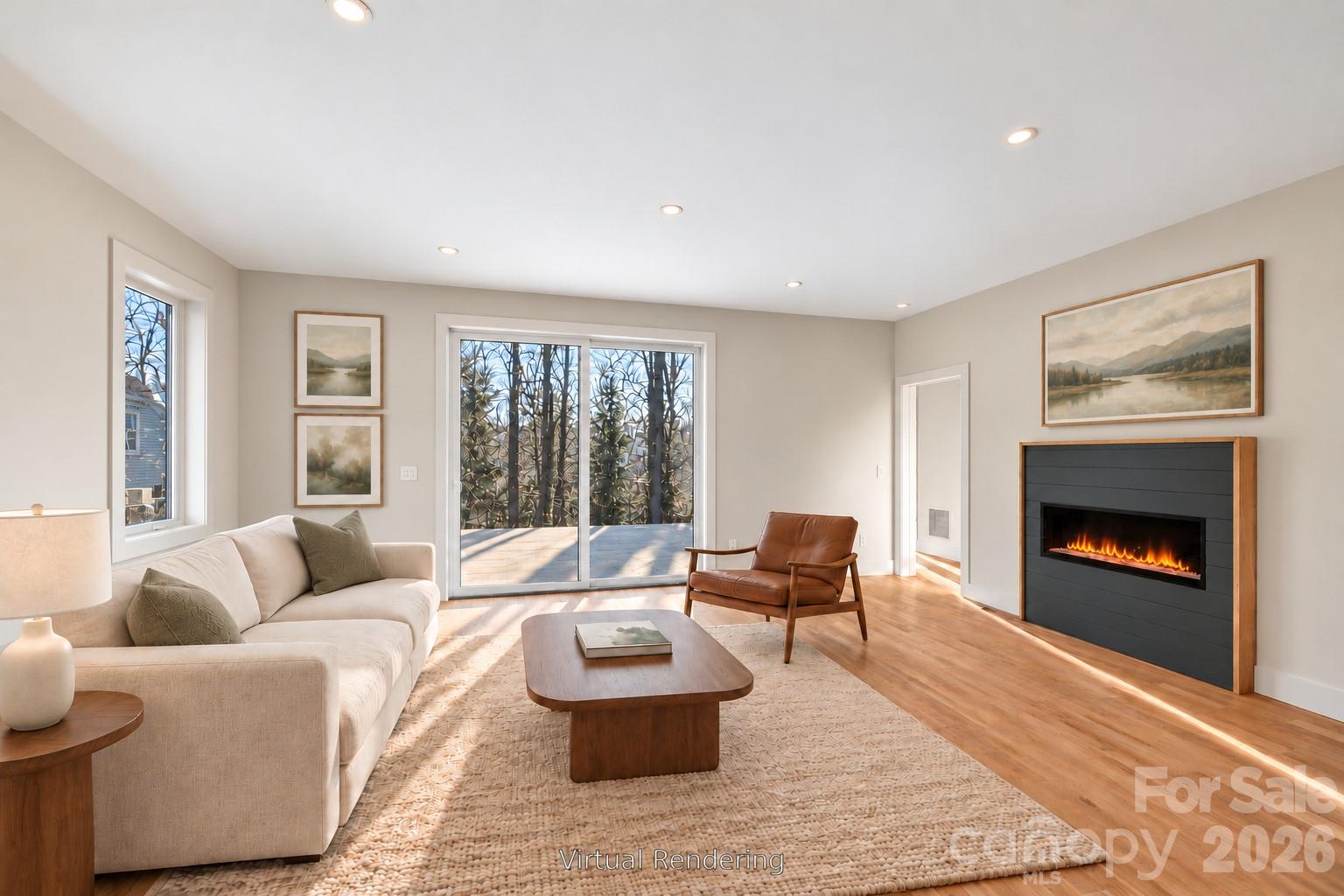 Spacious Living Room with Shiplap Surround Electric Fireplace and Deck Access (Virtual Rendering) - 310 Pearson Drive, Asheville