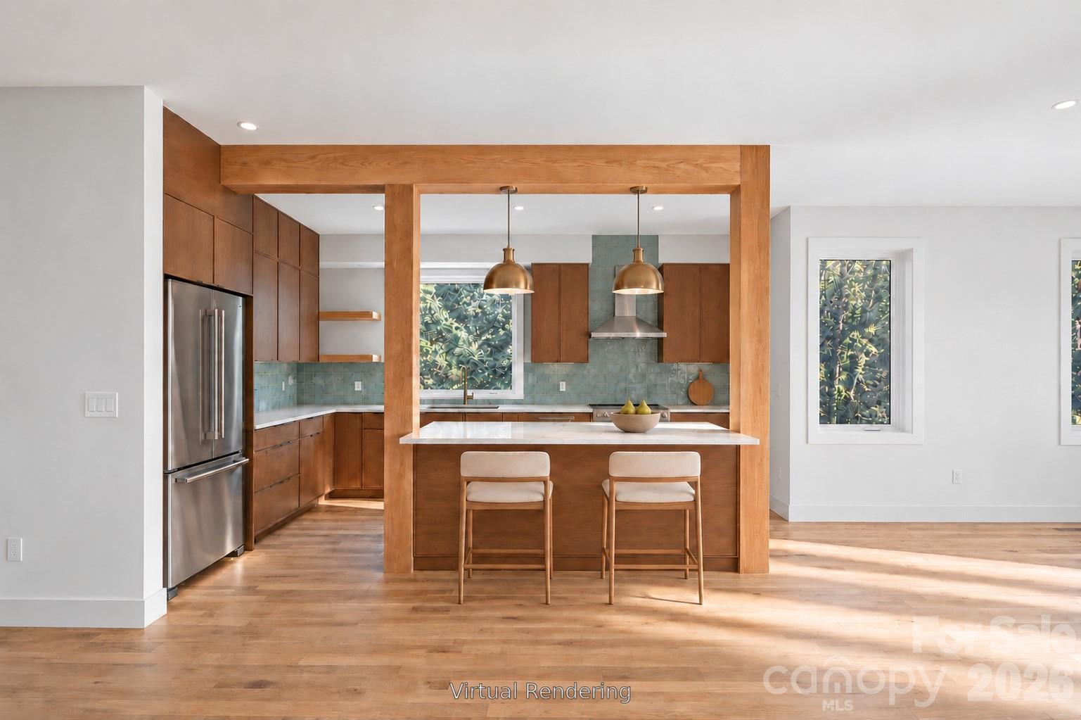 Modern Kitchen Framed by Decorative Wood Column Bookends and Exposed Ceiling Beam (Virtual Rendering) - 310 Pearson Drive, Asheville