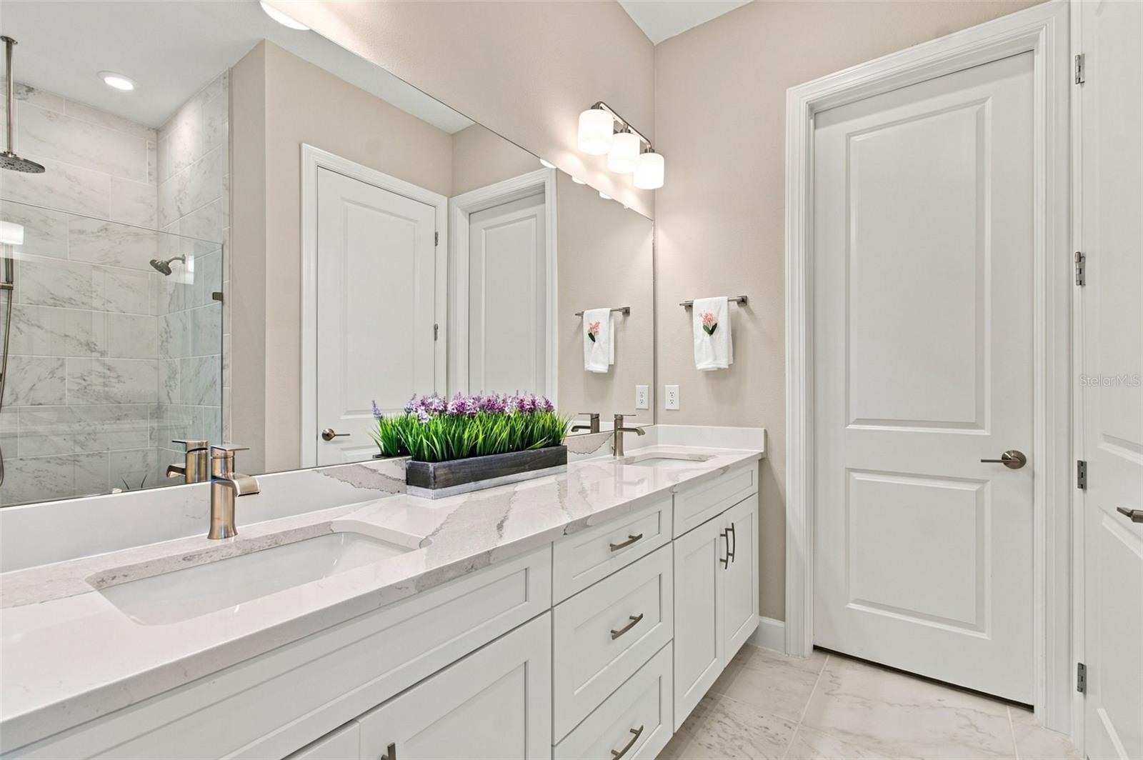 Primary Bathroom with double vanity, huge walk-in shower with 3 different shower head options, private water closet and spacious closet - 29749 CASSINO CT, WESLEY CHAPEL
