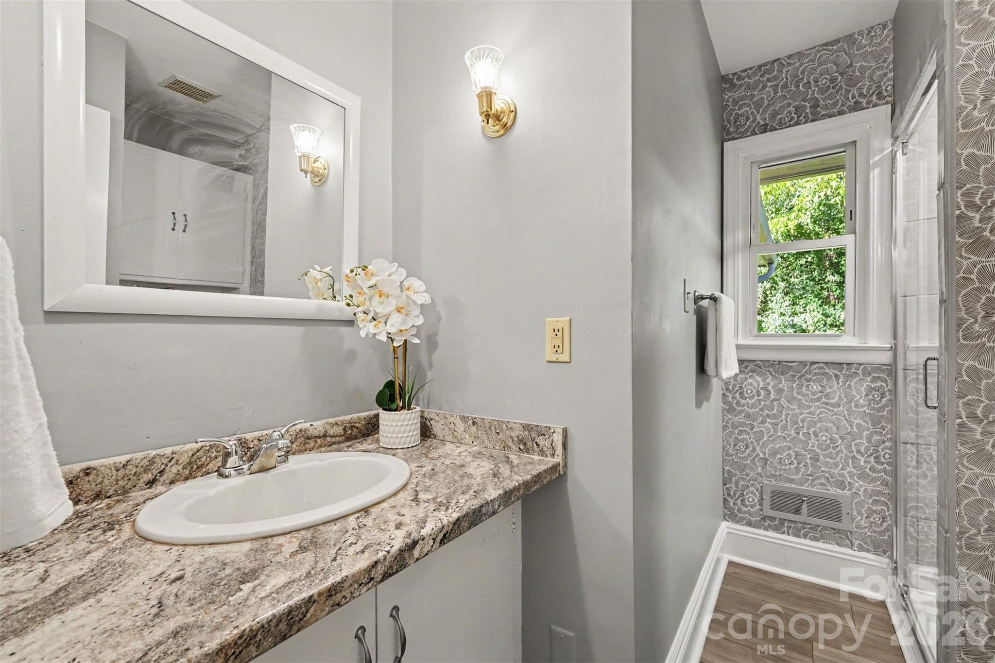 Another view of the second bathroom, featuring the vanity, walk-in shower, and natural light. - 407 Pine Street, Fort Mill