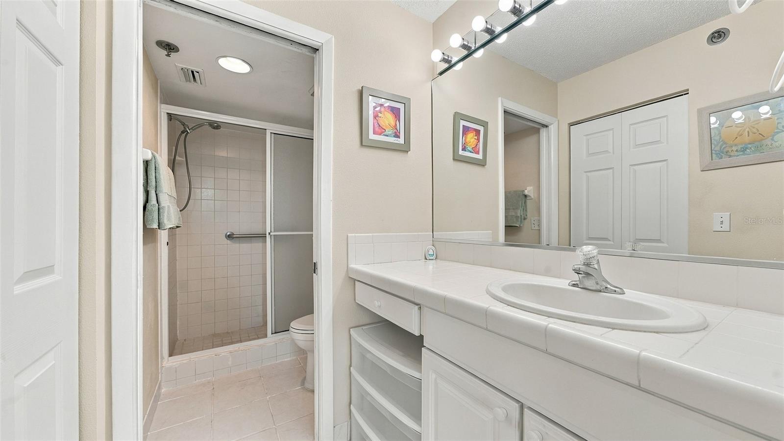 Primary Bathroom - Pocket door divides toilet and walk-in shower from vanity area - 4550 PINEBROOK CIR #203, BRADENTON