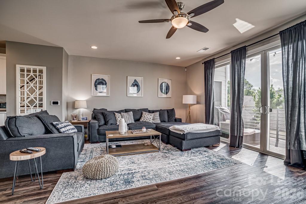 Recessed lighting and ceiling fan, double sliding doors to Sunset Patio - 3355 Bending Birch Place, Charlotte