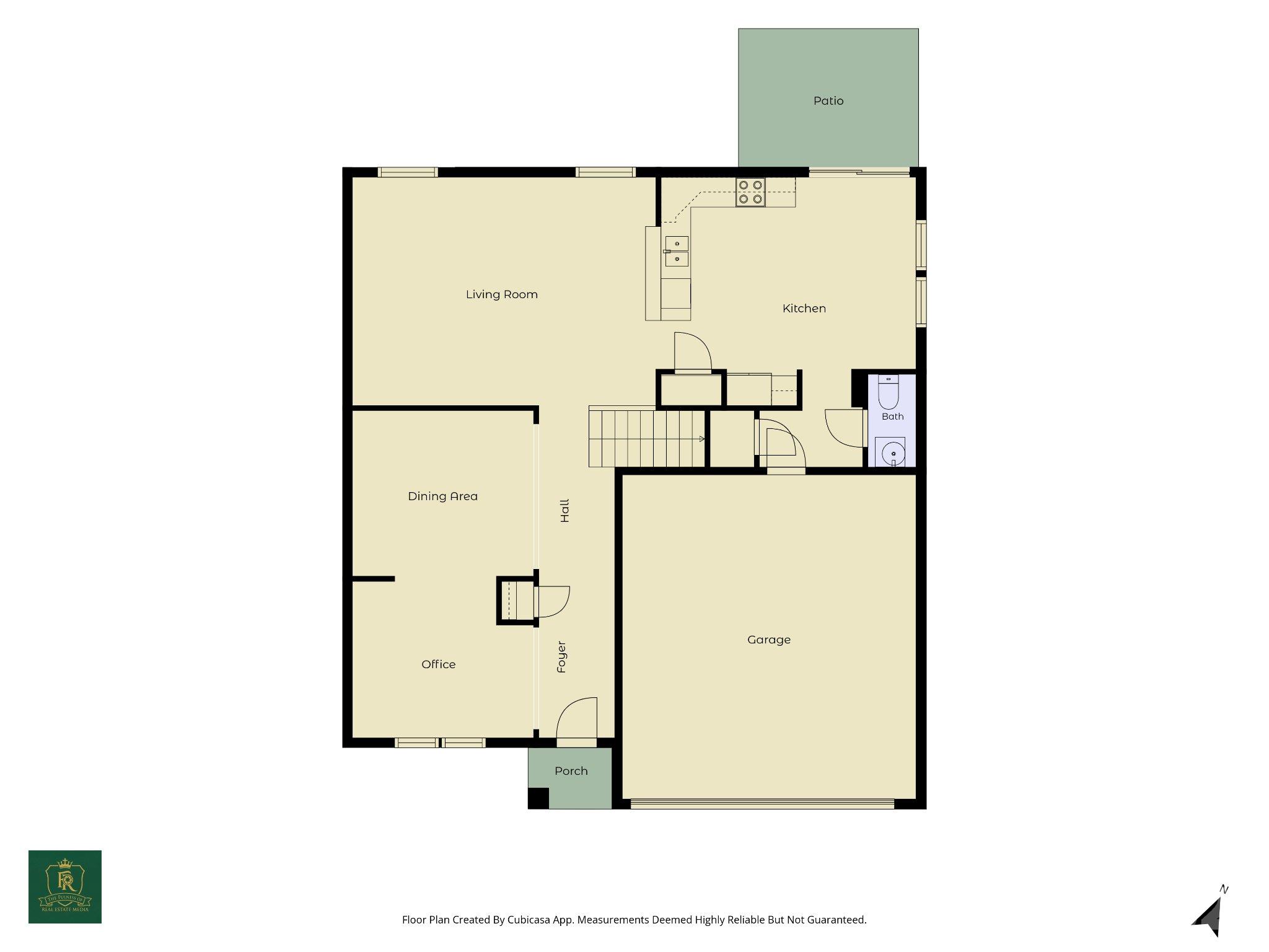 Main-level floor plan: Living room, kitchen and casual dining, dining room, office/flex space, half bath, and attached garage. Layout provided for reference. - 3341 Linetender Drive, Davidson