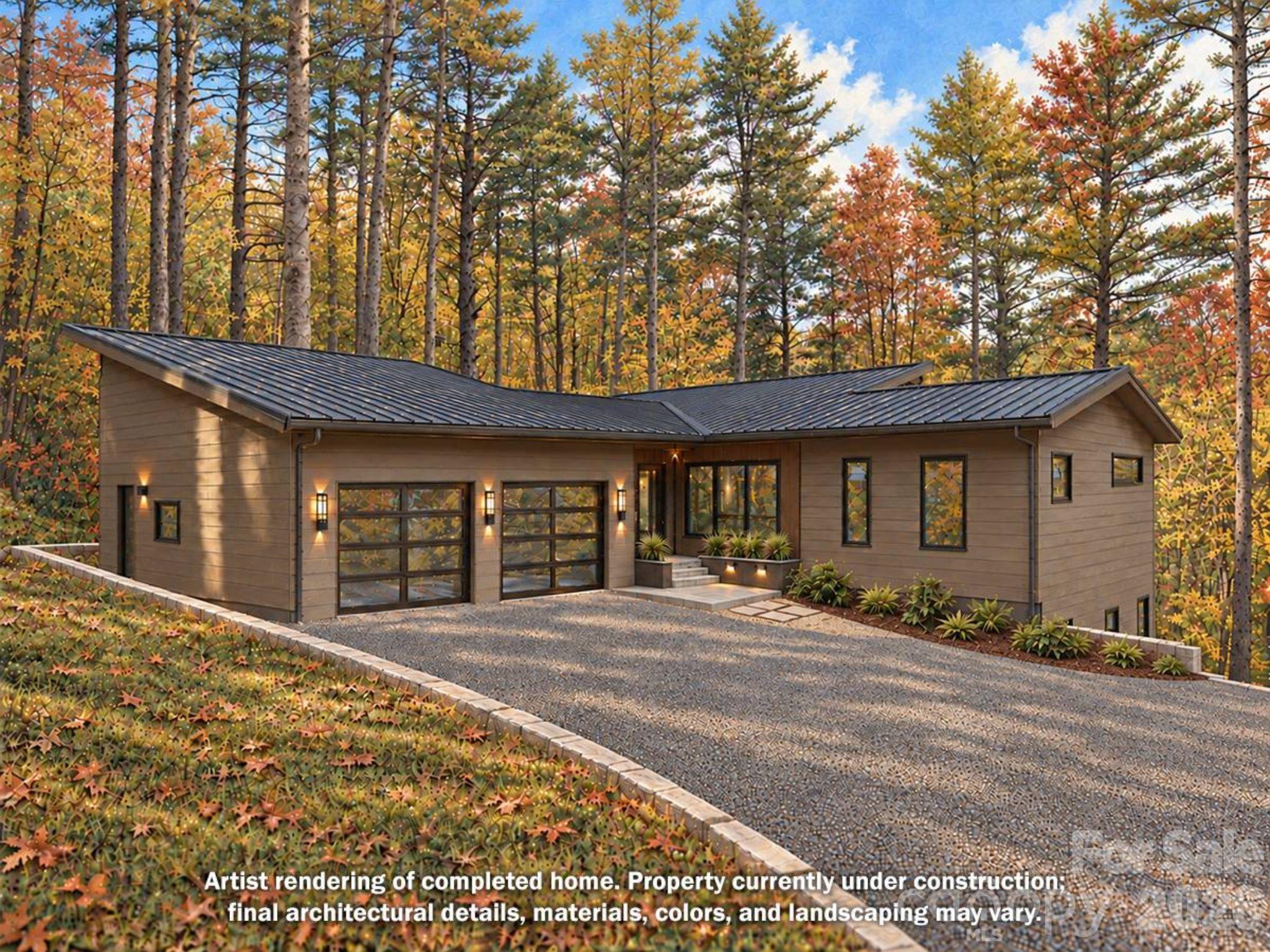 Front elevation with courtyard parking and 2 car garage. - 7 Spooks Branch Extension, Asheville