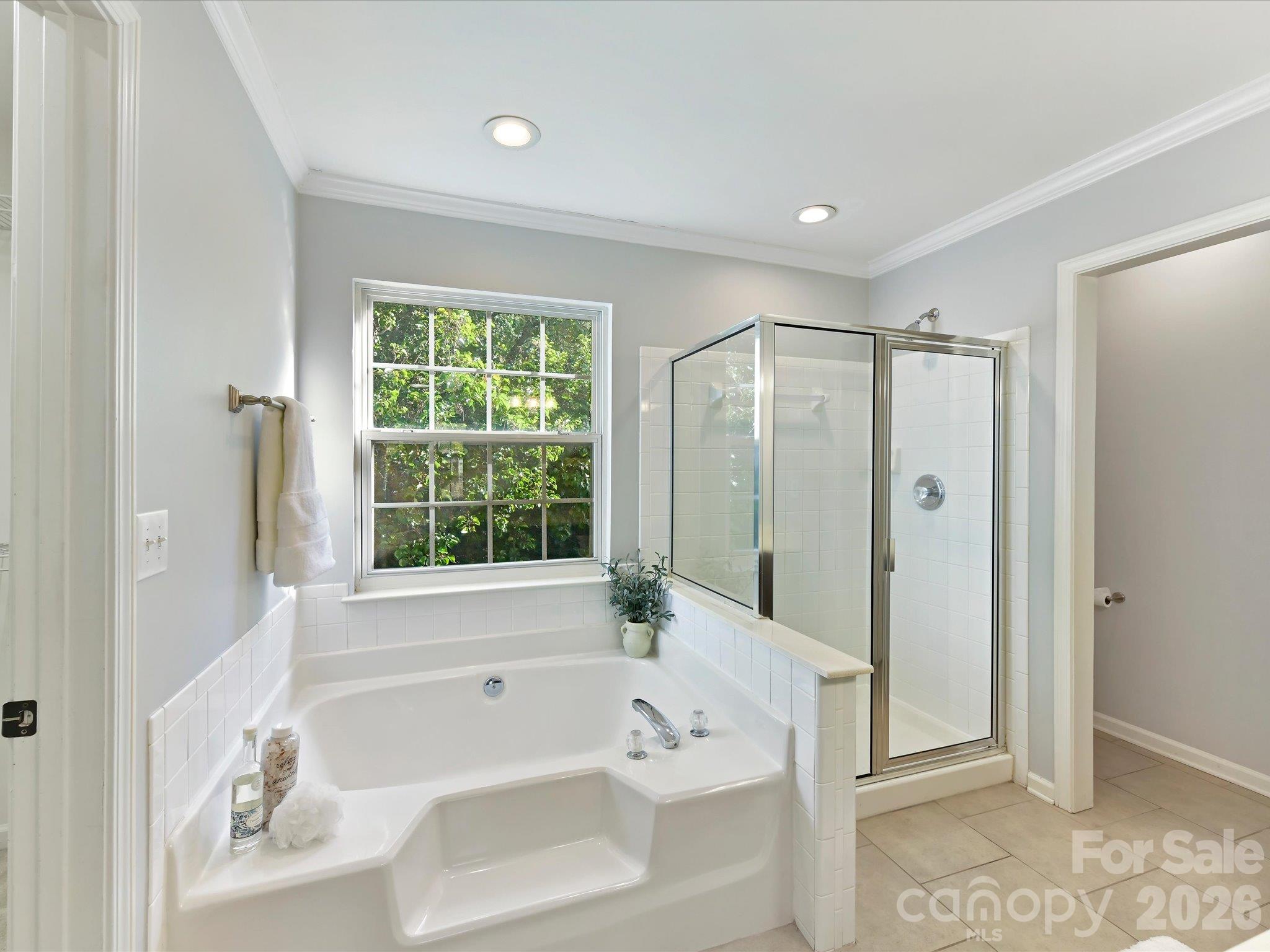 Spacious primary bath featuring a dual-sink vanity, relaxing soaking tub, separate glass-enclosed shower, and abundant natural light. - 3819 Waters Reach Lane, Indian Trail